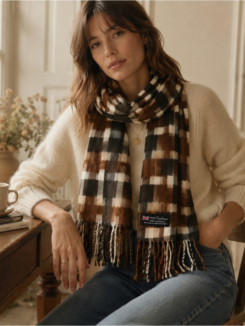 100% Cashmere Scarf Made in Scotland Brown Black Cream Geometric Plaid Fringe